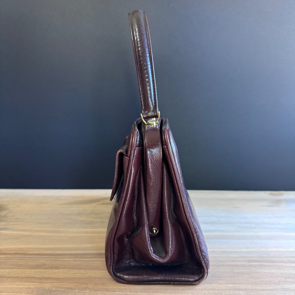 Vintage Italian Leather Frame Bag - Structured Burgundy Top Handle Satchel 70s - Picture 2 of 14